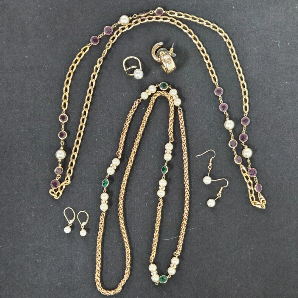 Lot of gold tone costume jewelry two necklaces, three pairs earrings, one ring